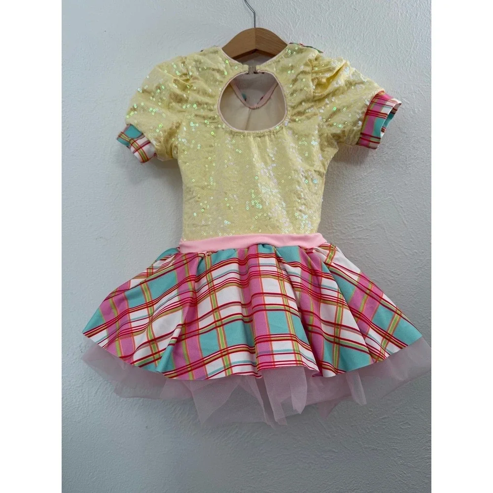 Revolution Dancewear Plaid Sequin Tutu Costume Dress SC Girls Yellow Pink